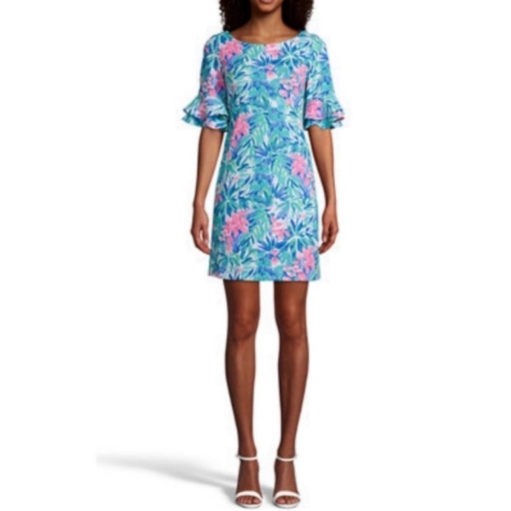 Pappagallo Erica Floral Ruffle Sleeve Dress Small Green Pink Resort Shift EUC